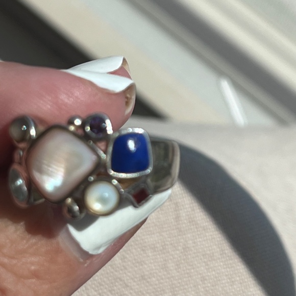 Vintage Ring signed 925 LT lapis, pearl, amethyst garnet aquamarine sz 9. - Picture 5 of 11